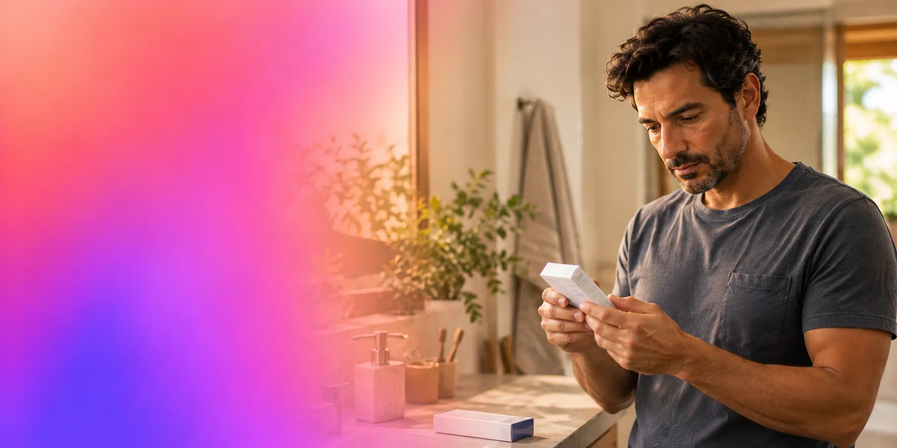 Homem adulto de cabelos escuros e barba, em um banheiro residencial, observando atentamente uma caixa de medicamento. À esquerda, degradê suave em tons de rosa, coral e roxo.