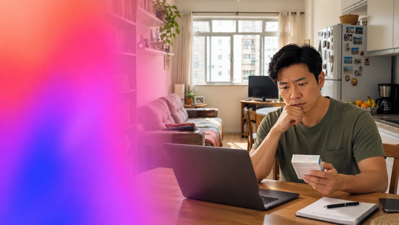Homem adulto de origem asiática, sentado à mesa em casa, consultando informações no notebook e observando uma caixa de medicamento. À esquerda, degradê suave em tons de rosa, coral e roxo.