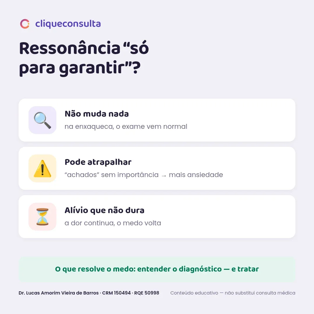 Infográfico com os três motivos para não fazer ressonância “só para garantir”: não muda nada porque o exame vem normal na enxaqueca, pode atrapalhar com achados sem importância que geram ansiedade, e o alívio não dura — o que resolve o medo é entender o diagnóstico e tratar
