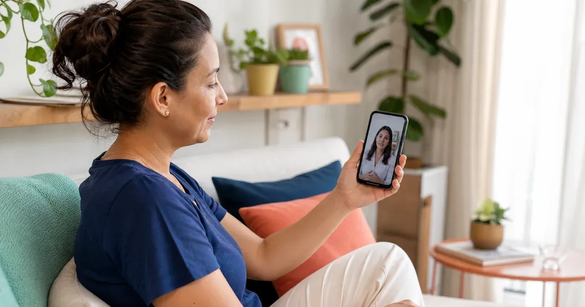Paciente em teleconsulta por vídeo com médica pelo celular